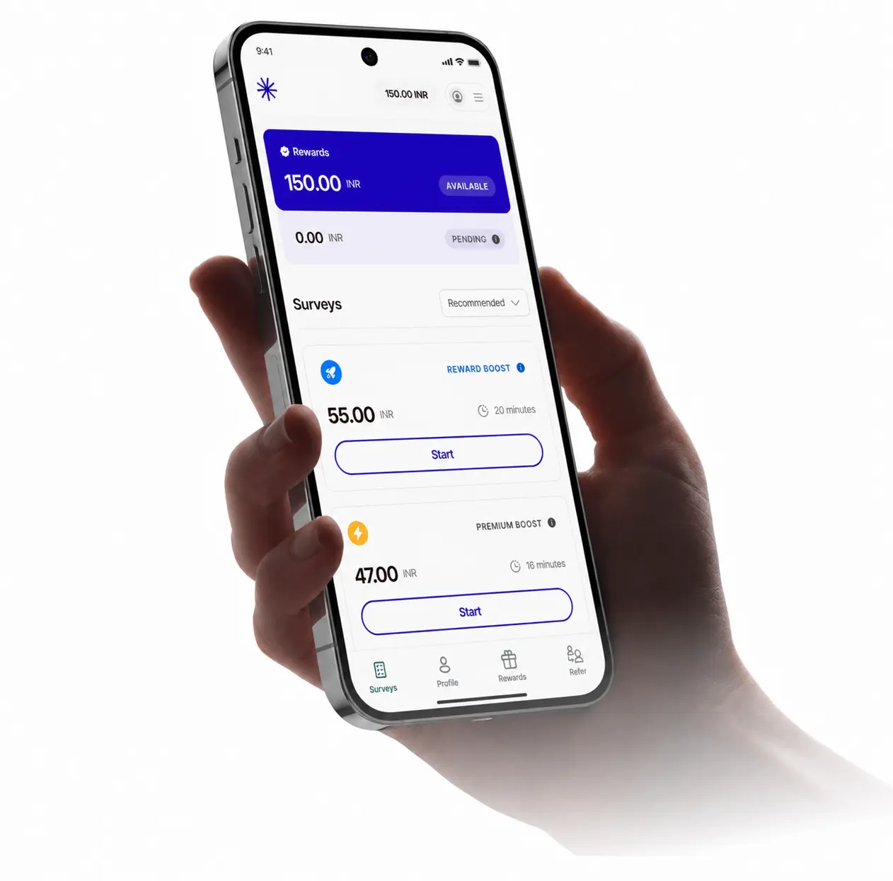 Opinion Now rewards app shown on a phone held in hand